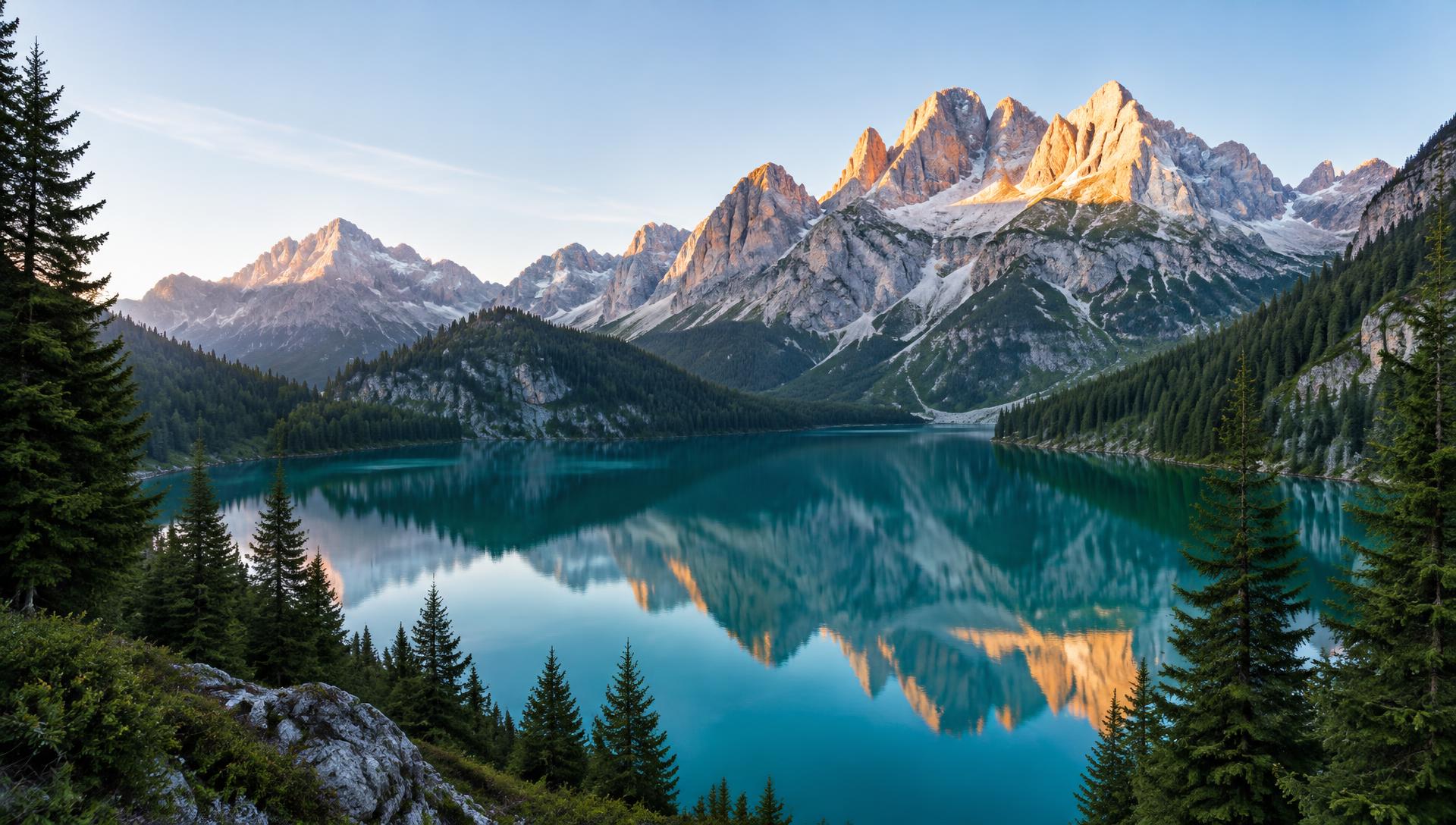 The Dolomites above a clear alpine lake